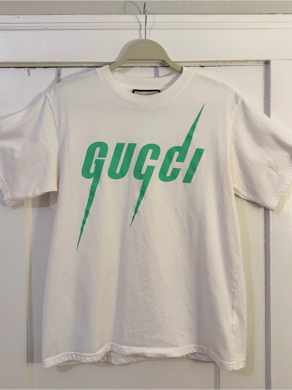 Gucci White Tee with Green Lightning Logo